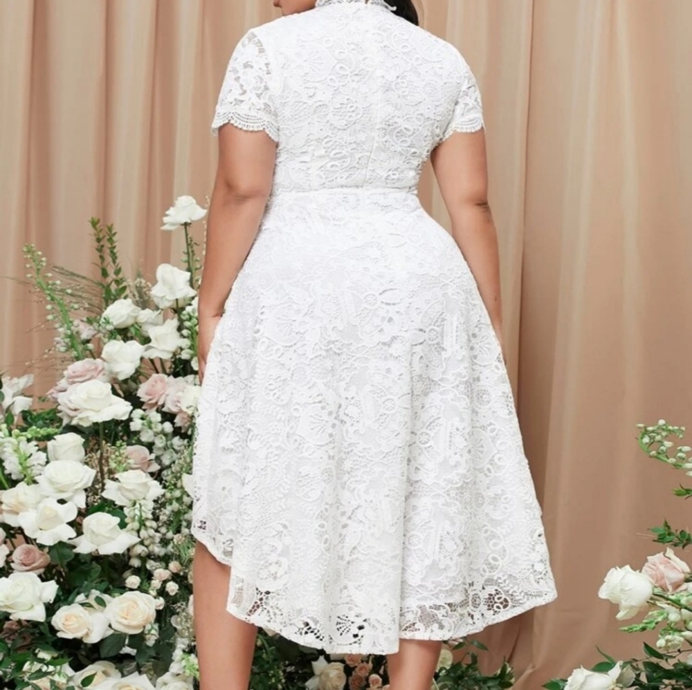 Plus Mock Neck High Low Hem Lace Dress